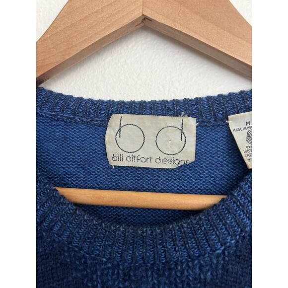VTG Bill Ditfort Designs Blue Wool Chunky Knit Checkered Sweater Medium Grandpa - Picture 7 of 8
